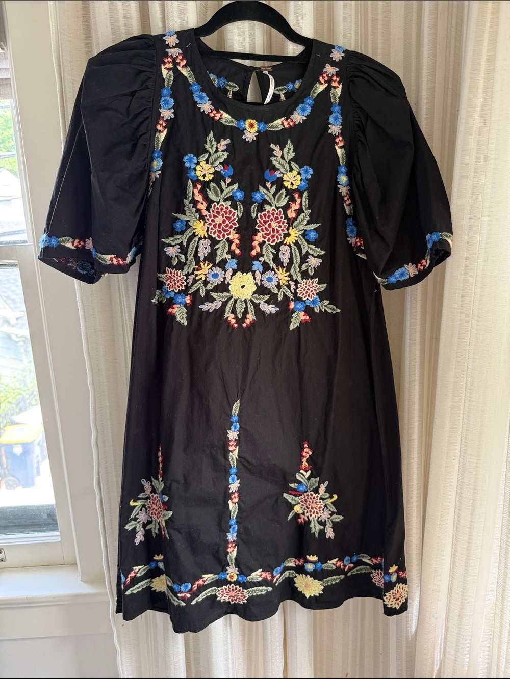 Free People Black Mini Dress with Multicolor Floral Embroidery